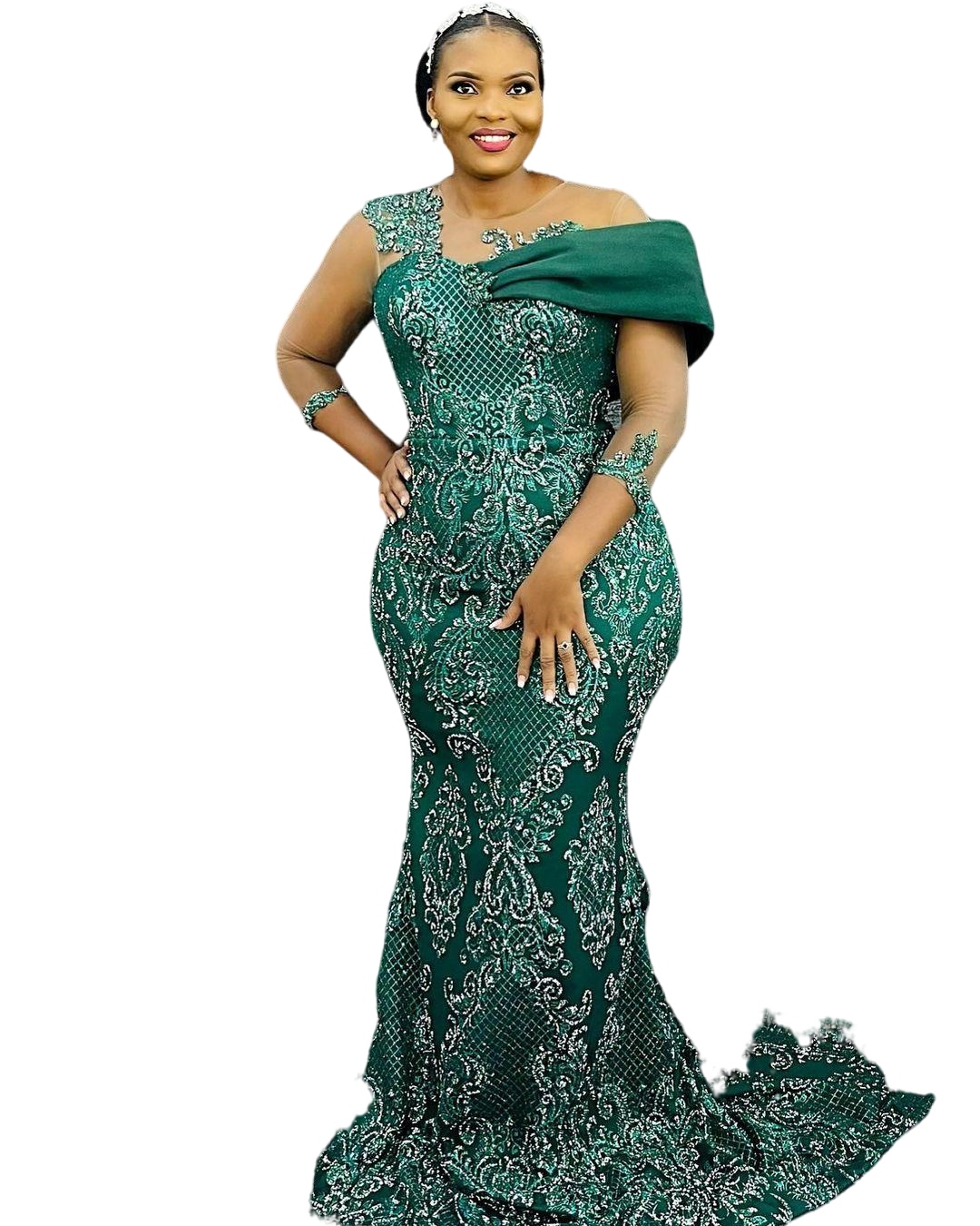 Hunter Green Plus Size Evening Dresses 2023 Lace Beaded Long Sleeve Aso Ebi Mermaid Prom Gown