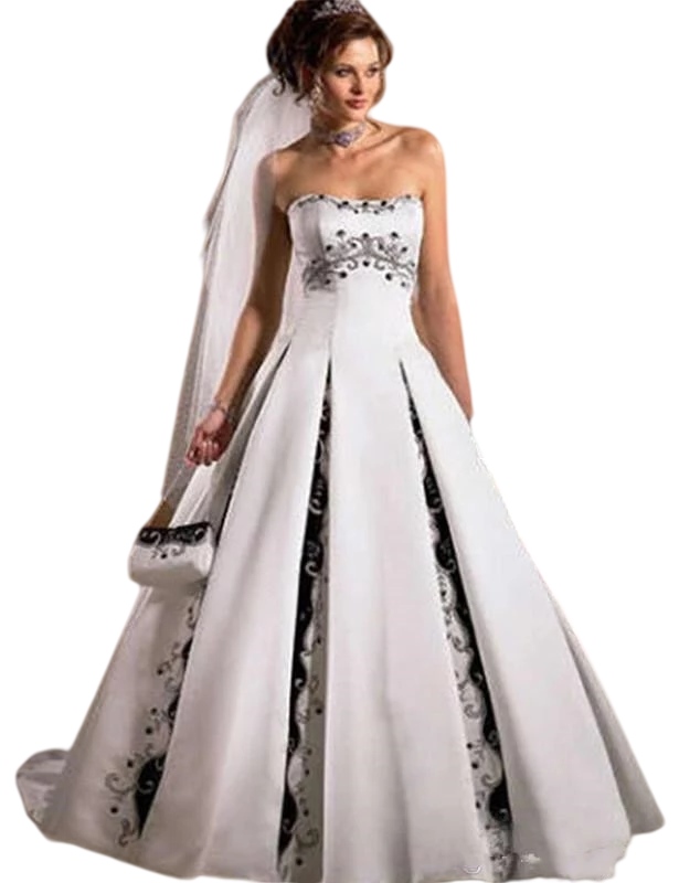 Retro White And Black Gothic Wedding Dresses Strapless Embroidery Lace-up Corset A-Line Bride Wedding Gown Robe de mariee