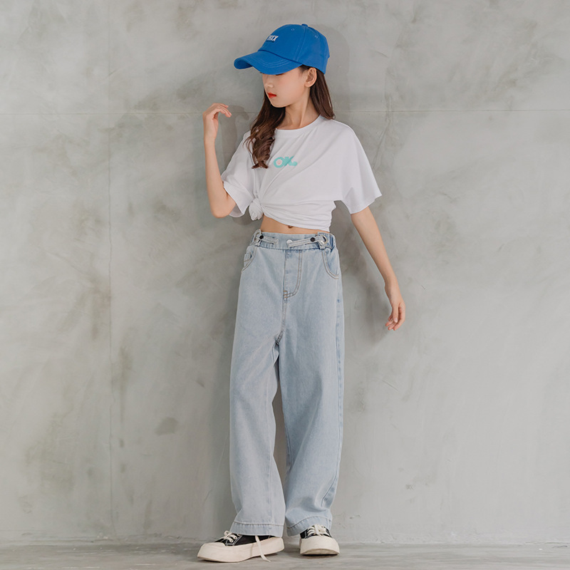 Jeans for Girls Autumn Clothes for Teenagers Solid Loose Kids Wide Leg Pants Fashion Casual Children Trousers Girl Clothing 14 Y 220512