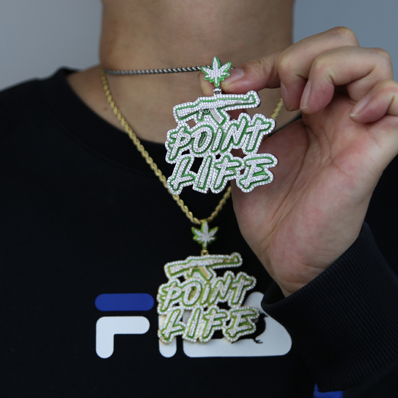Iced Bling Grow In Dark Fluorescence Enamel Gun Letter Pendant Point Life Paved Cz Stone Necklace for Men Hip Hop Cool Jewelry