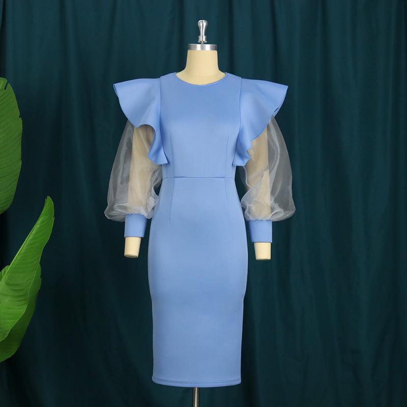 Plus Size Dresses Ruffle Midi Dress Women Bodycon O Neck Long Tulle Sleeve Patchwork Party Elegant Robes For Christmas Evening Going Out