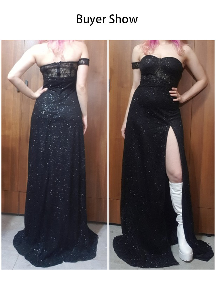 One Sleeve Strapless Long Ball Gown Split Leg Hollow Out Padded Black Glittered Party Maxi Dress 220429