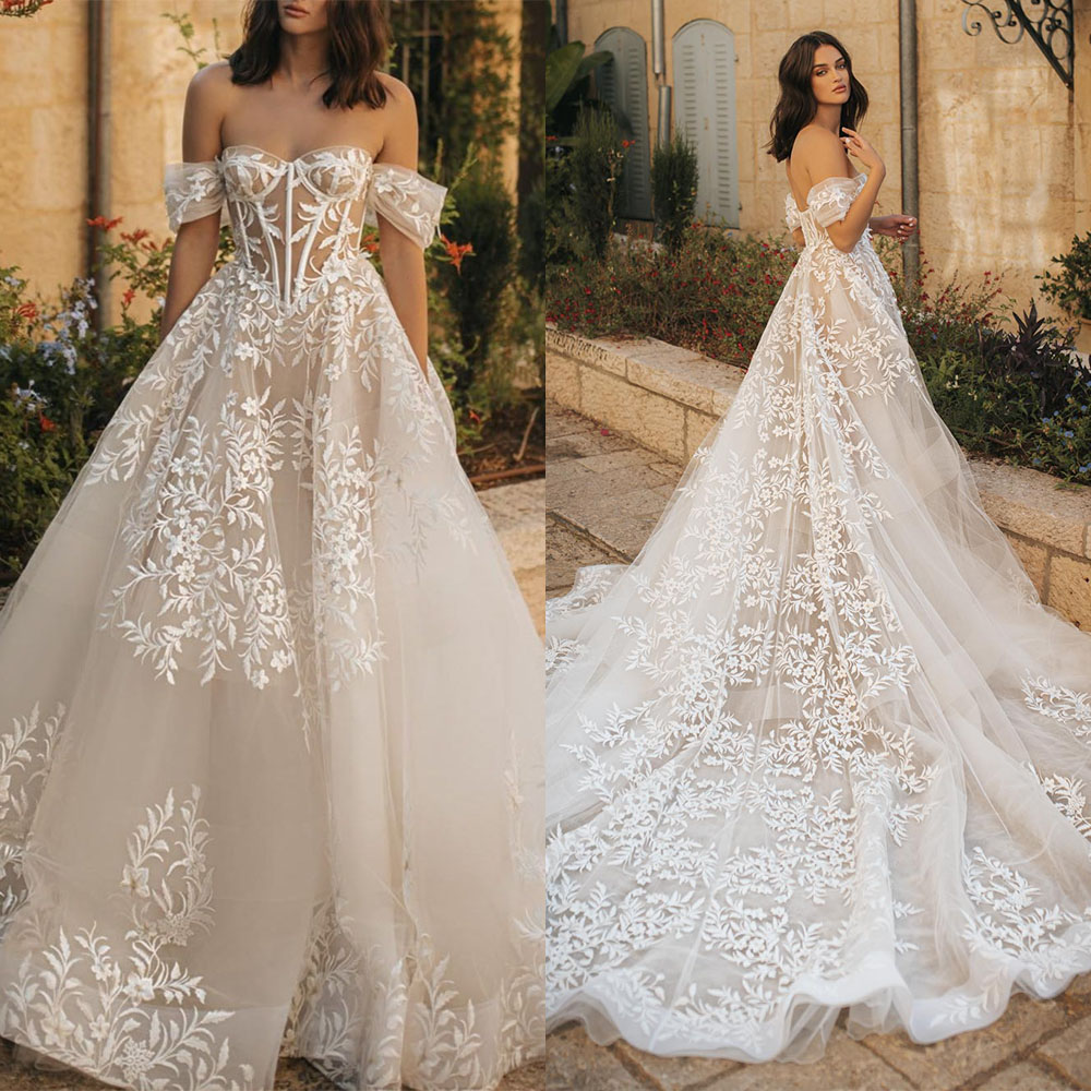 New Arrival Lace A-e Wedding Dress V Neck Off Shoulder Sleeveless Custom Made Sweep Train Backless Bridal Appliques Sequins Dresses Vestido De Novia