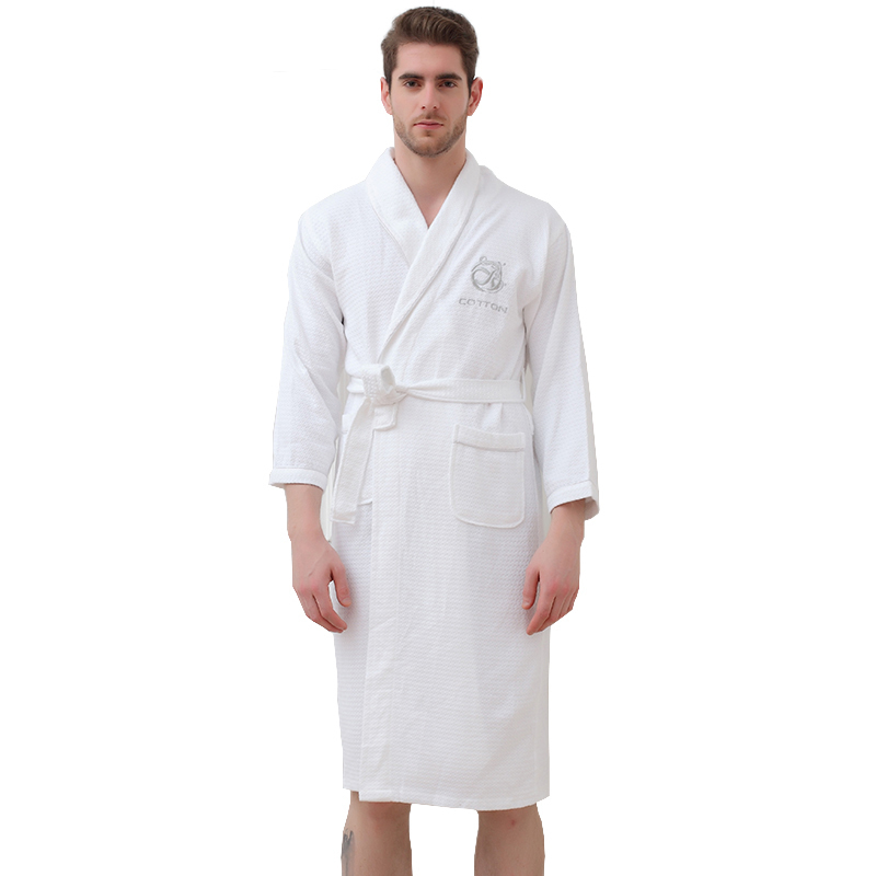 Bath Robe Waffle Men 100% Cotton Summer Longsleeve Mens Sweat Evaporate Couples Bath Robes el SPA Robes Dressing Gown 201109