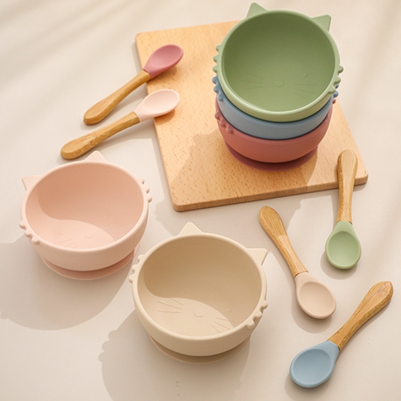 Bopoobo 2Pcs/1Set Silicone Baby Feeding Bowl Tableware Waterproof Spoon Non-Slip Crockery BPA Free Silicone Dishes for Baby Bowl 220512
