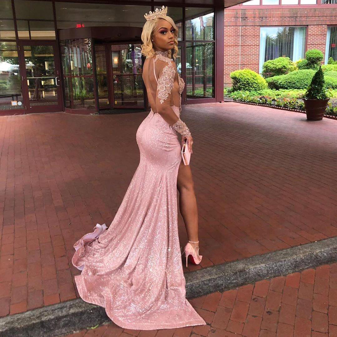 Long Sleeves High Neck Lace Mermaid Prom Dresses 2022 Black Girls Lace Applique Split Backless Sweep Train Evening Gowns