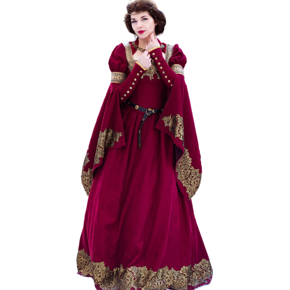 Fantasy Renaissance Victorian Prom Dresses 2022 Long Sleeves Winter Formal Party Gowns Gold Appliques Vintage Cosplay Masquerade A Line Evening Dress