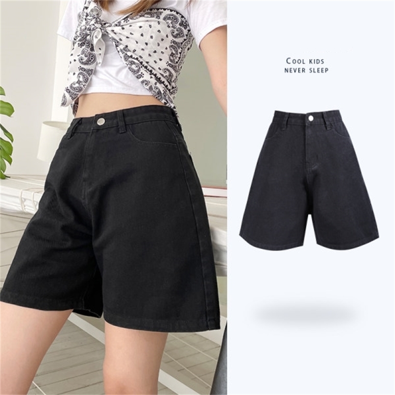 ZHISILAO Solid Knee length Denim Shorts Women Summer Vintage Boyfriend High Waist Wide Leg Jeans Streetwear 220630