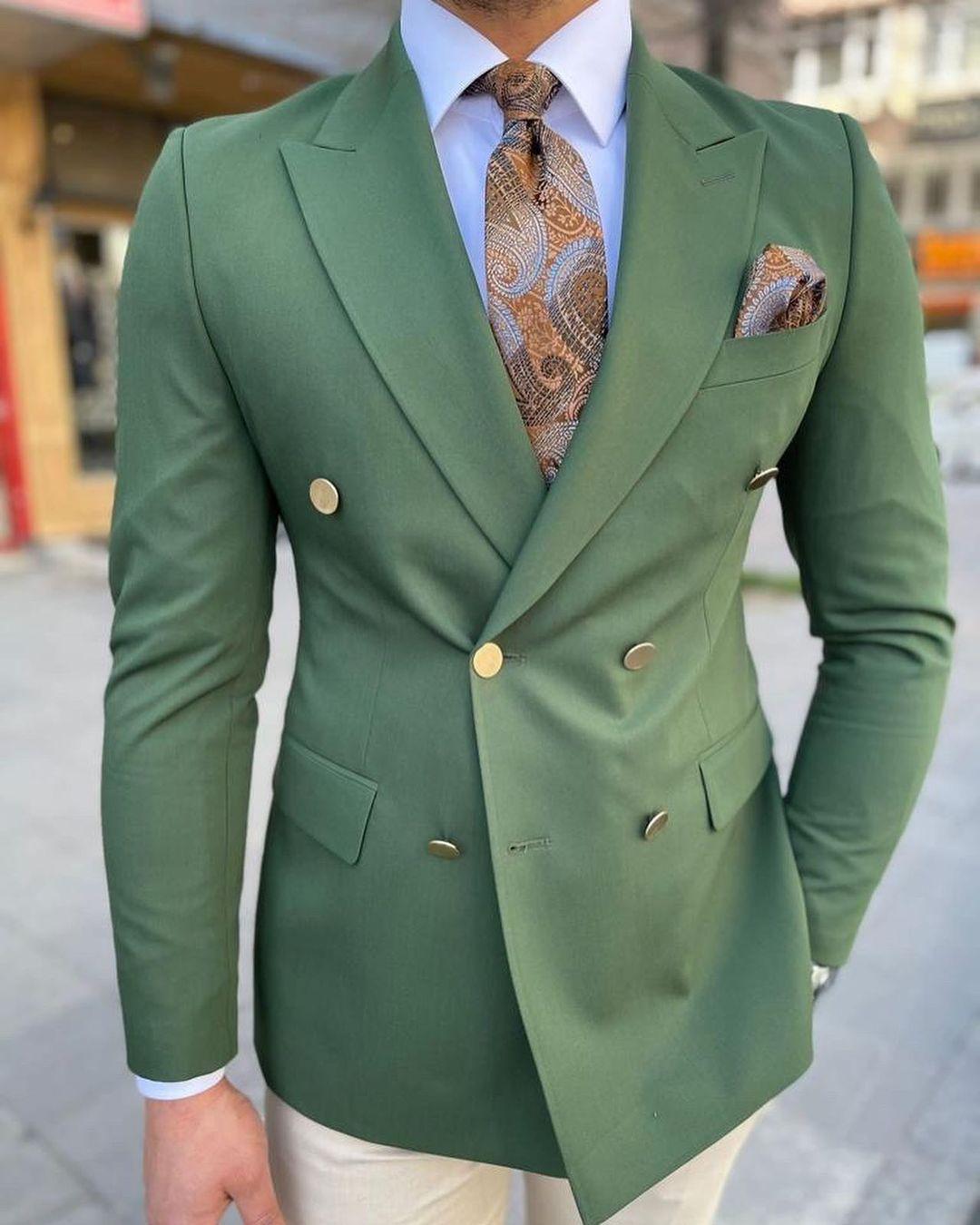 Handsome Dark Green Men Wedding Tuxedos Double Breasted Groom Jacket Suits Party Prom Blazer Clothes Business Wear (Jacket + Pants)