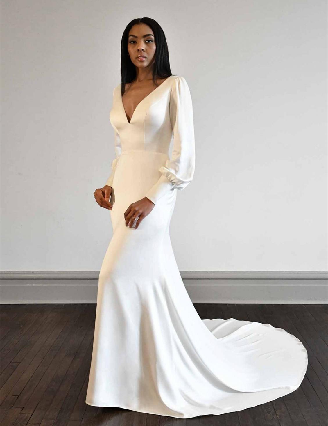 Long Sleeves Crepe Stain Beach Wedding Dresses Sexy V-neck Backless Sweep Train Bohemian Mermaid Bridal Gowns Trumpet Vestidos De Novia