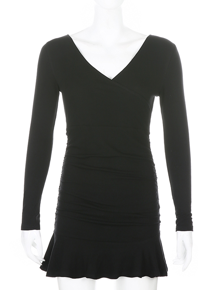 Sweetown Black Knitted Ribbed Midi Dresses For Women V Neck Elegant Korean Clothes Long Sleeve Ruffles Bodycon Dresses Autumn 220406