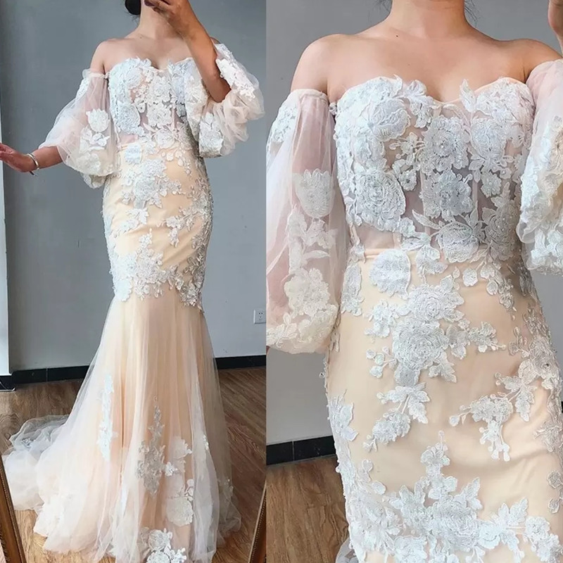 Juliet Half Sleeves Off Shoulder Wedding Dress Floral Flower Lace Applique Pearls Piping Tulle Formal Dress Afircan Bridal Dress For Bride