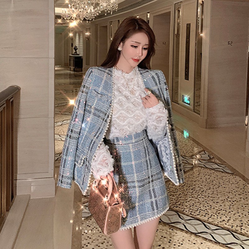 Runway Fall Winter Beaded Diamonds Plaid Woolen Female Tweed Jacket Coat Elegant Skirt Women Clothes 2 Pieces Set Suit 220817