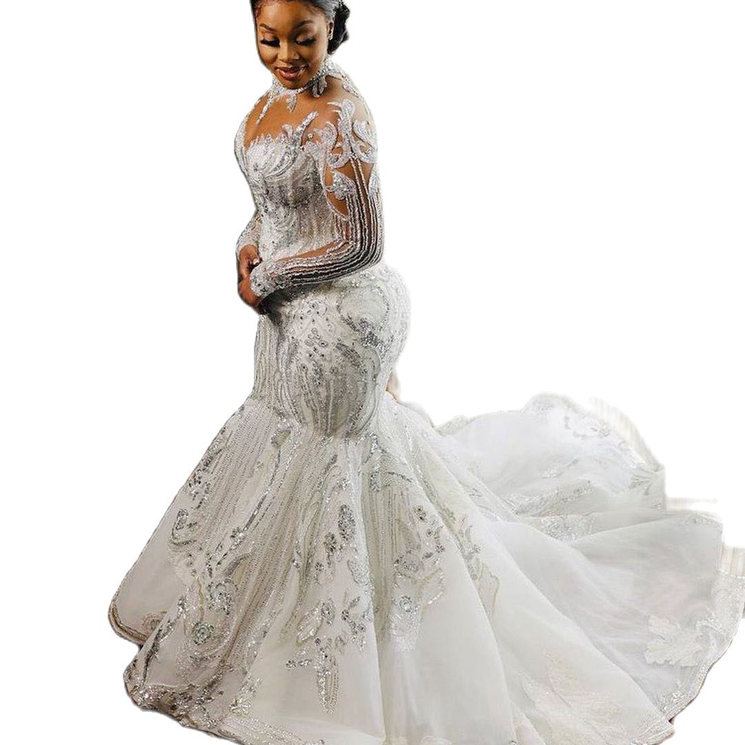Saudi Arabia Sequins Mermaid Wedding Dress High Neck Long Sleeve Plus Size Bridal Gowns Crystal Bride robes de mariée