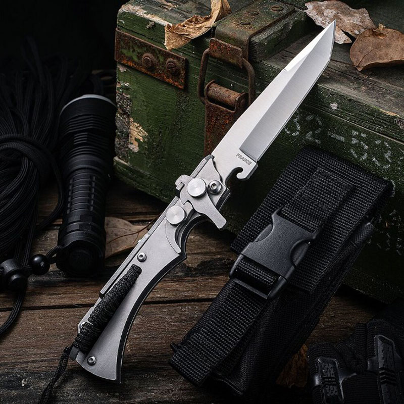 Top quality WX New Design Tactical Folding Knife 9Cr13Mov Titanium Coated Tanto Point Blade Stainless Steel Handle Knives With Nylon Bag