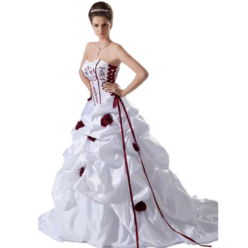 Vintage White And Burgundy Wedding Dress Aline Flowers Ruched Lace-Up Embroidery Bridal Gowns