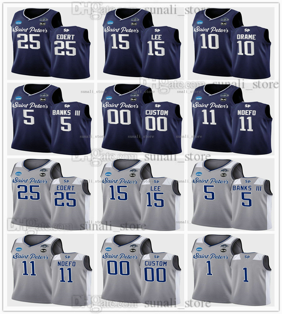 NCAA 25 Doug Edert Jersey College Basketball Saint Peter's Peacocks 5 Daryl Banks III 11 KC Ndefo 15 Matthew Lee 10 Fousseyni Drame 14 Hassan Drame Navy Grey University