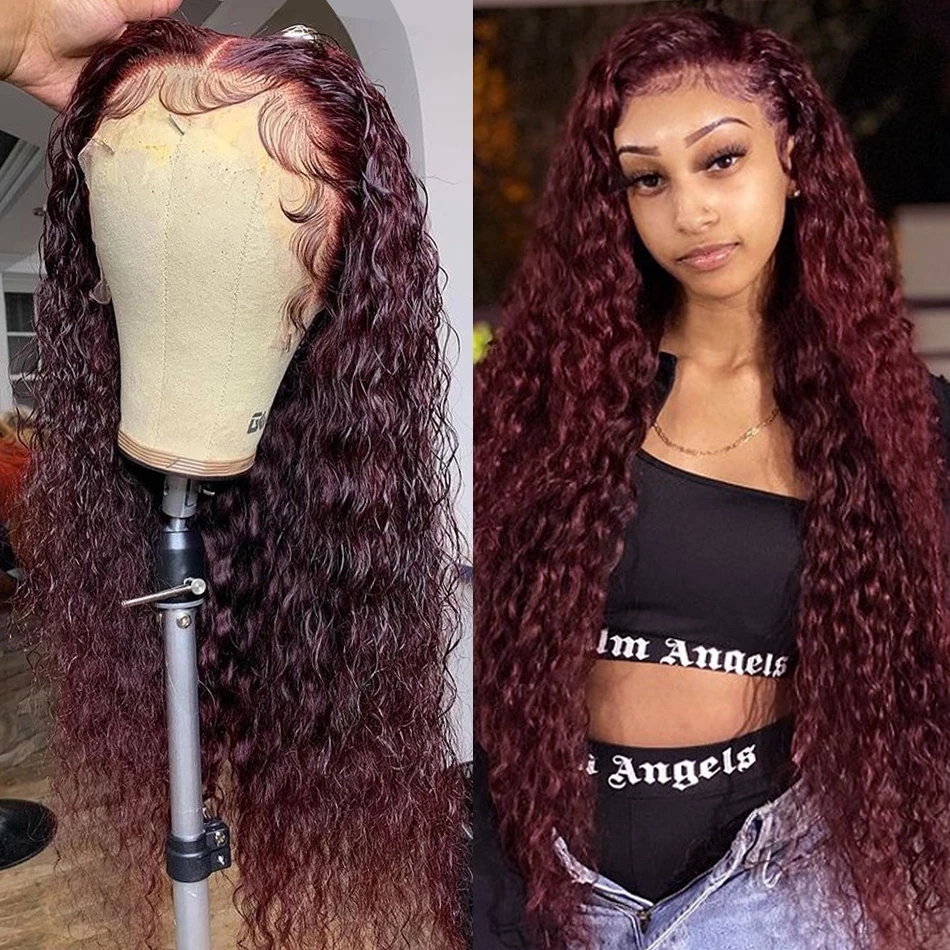 Free shipping 30 Inch 99j Bury Deep Wave 13x4 Lace Front Synthetic Wigs Silation Human Hair Red Colored Curly Frontal Closure Wig For Women