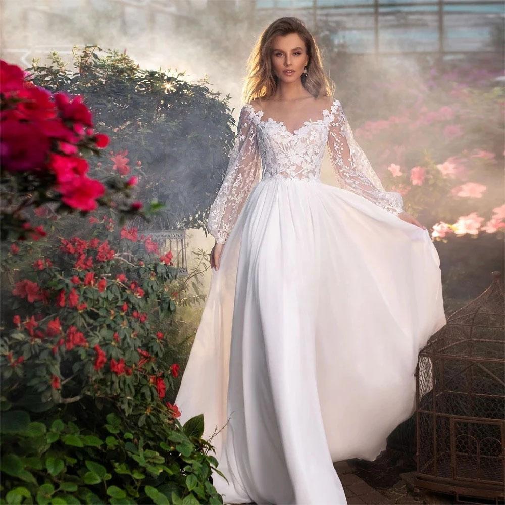 Elegant A-line Wedding Dresses Strapless Long Sleeves V Neck Appliques Sequins Beads Custom Made Bridal Gowns Lace Ttain Sweep Length Vestidos De Novi