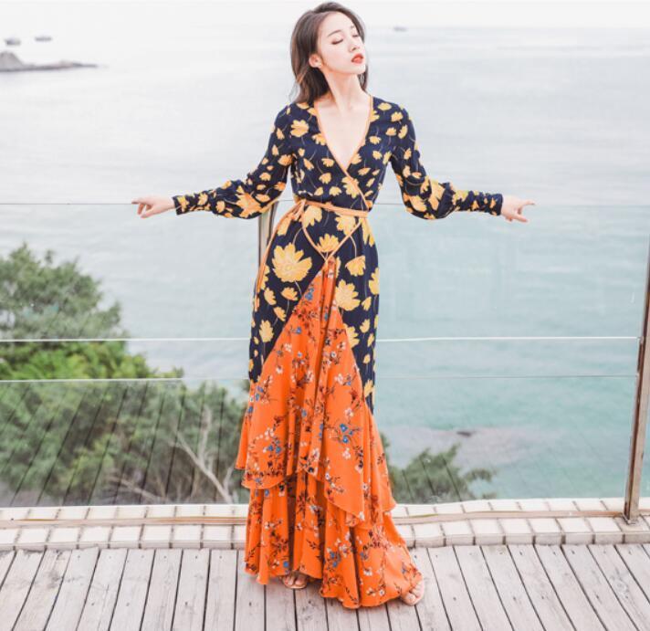 Casual Dresses Women' Dress Spring Bohemian Holiday Travel Ruffled Original Authentic V-neck Tie Long Female Offing, As photo 
Casual Dresses Women' Dress Spring Bohemian Holiday Travel Ruffled Original Authentic V-neck Tie Long Female Offing, As photo