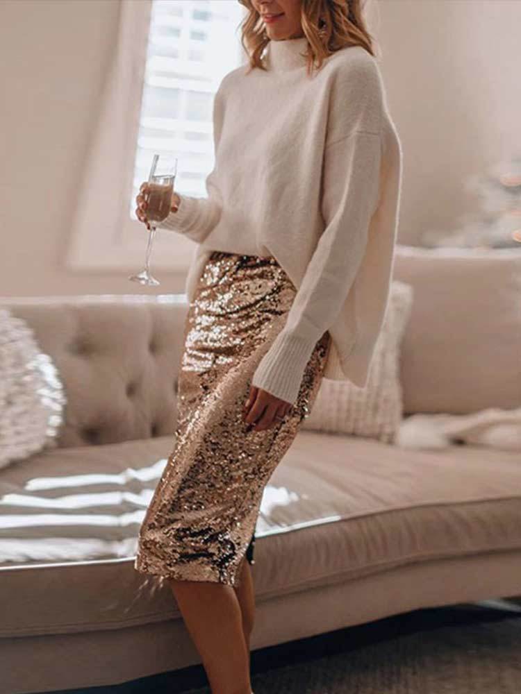 Sequins High Waist Skirts For Women Buttocks Slim Elegant Sexy Midi Night Club Women s Skirt Fashion Party Ladies Clothes 220609