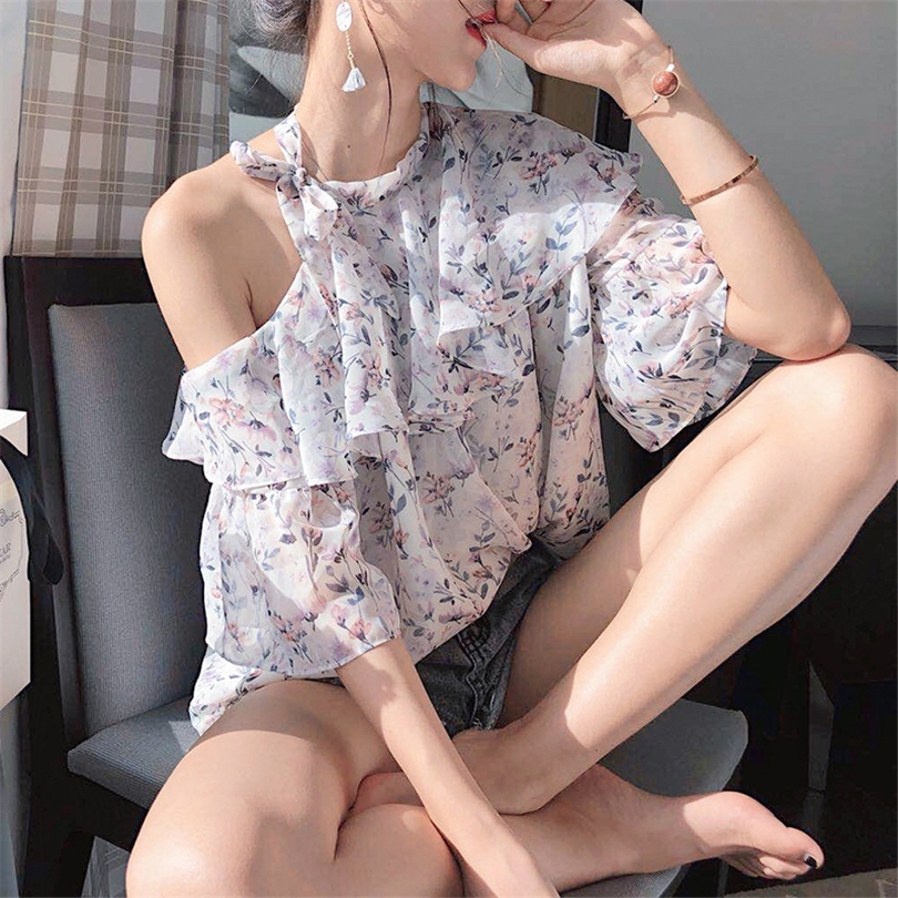 Mishow women blouse loose strapless 2019 new Korean Fashion Official Lady floral chiffon shirt Tops T200321