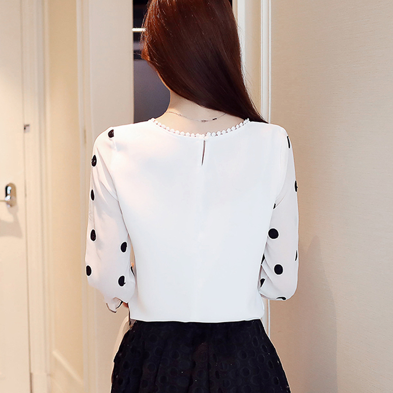 Long Sleeve Women Blouse Shirt Fashion Chiffon Women's Clothing Sweet O-neck Black Dot White Feminine Tops Blusas D383 30 220407Z