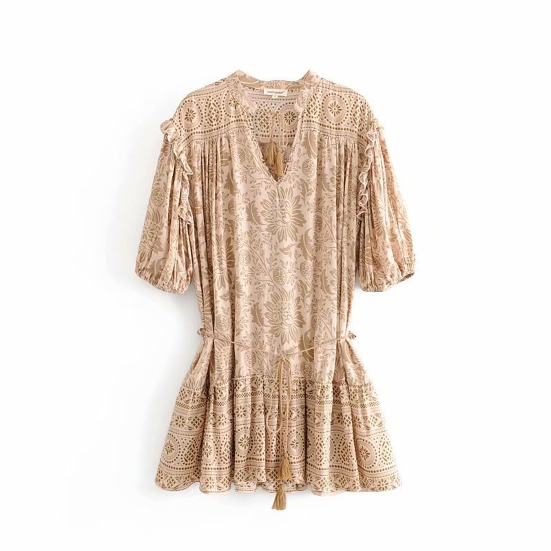 Ruffles Wood ear Floral Print Women Bohemian Dress Vintage V neck Strappy Half Sleeve BOHO Dresses Holiday femme Vestido 220511