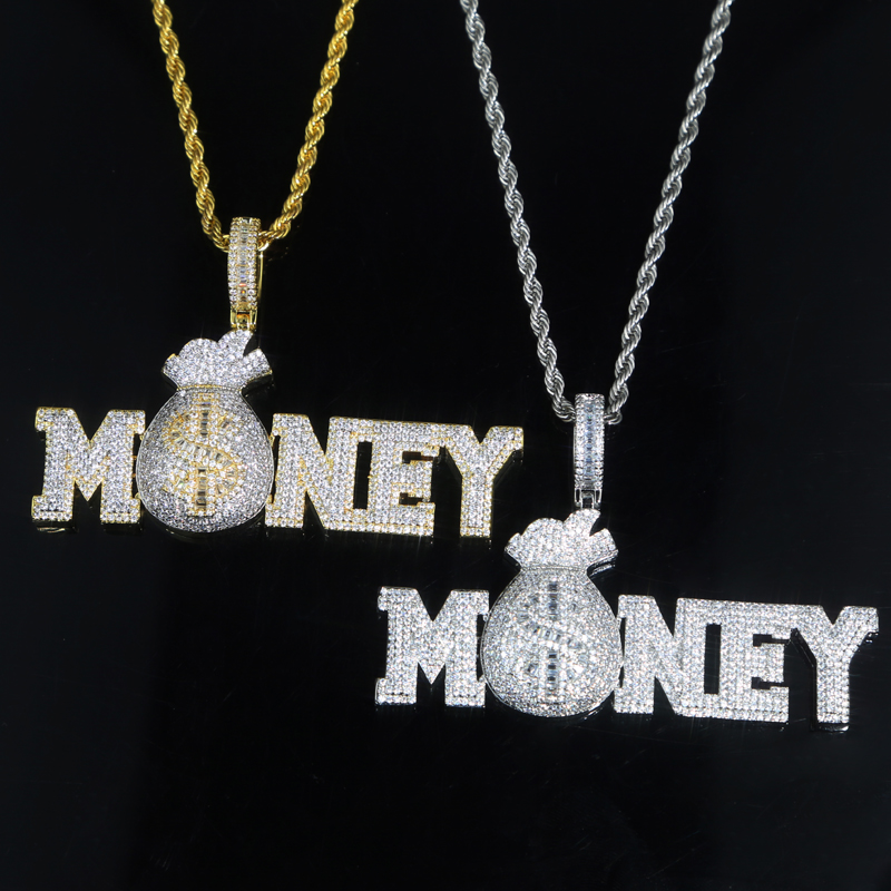 Gold Silver Color MONEY BAG Letter Pendant with Rope Chain Iced Out Cubic Zirconia Pendants Hip Hop Jewelry Gift for Women Men