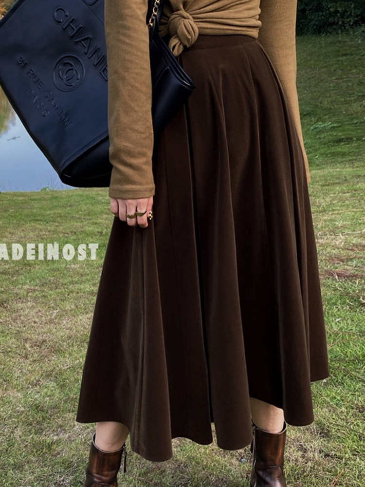 TIGENA Vintage Velvet Midi Long Skirt Women Fall Winter Elegant All-match Solid A Line High Waist Mid-length Female 220317