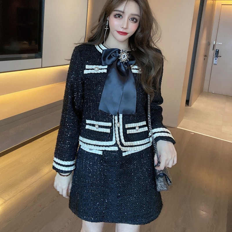 Arrival Runway Fall Winter Womens Sequins Pearl Buttons Bow Tie Tweed Jecket Top Coat High Waist Skirt 2 Piece Set Suit 220817