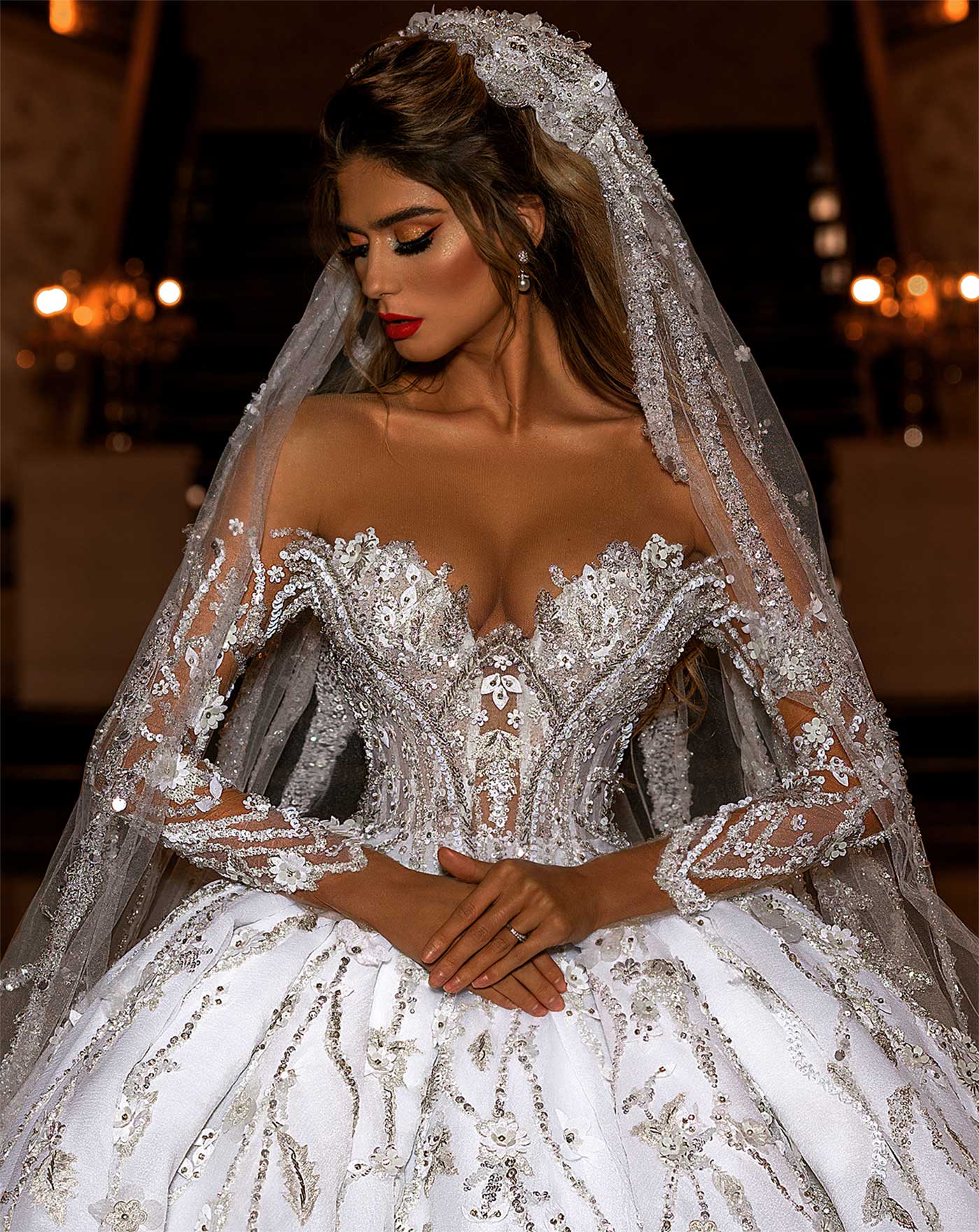 Dubai Ball Gown Wedding Dresses Bridal Gowns Off The Shoulder Long Sleeve Beading Robes De Mariee