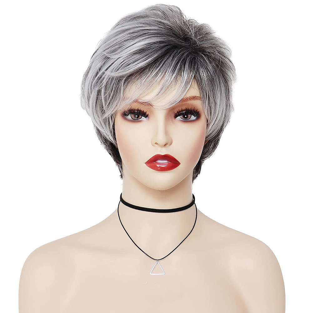 Short Ombre Sliver Gray Pixie Cut Wig Dark Root Straight Layered Synthetic Hair for Black White Women