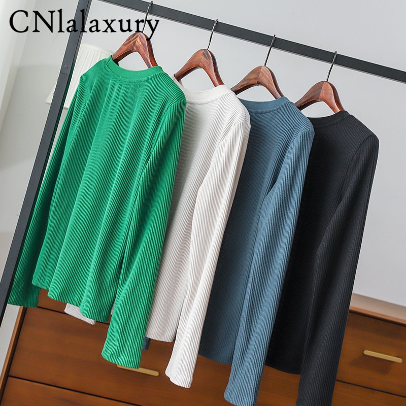 CNlalaxury Long Sleeve Women T Shirt Spring Korean Round Neck Slim Top Solid Color Basic Harajuku Bodycon Tops 220728