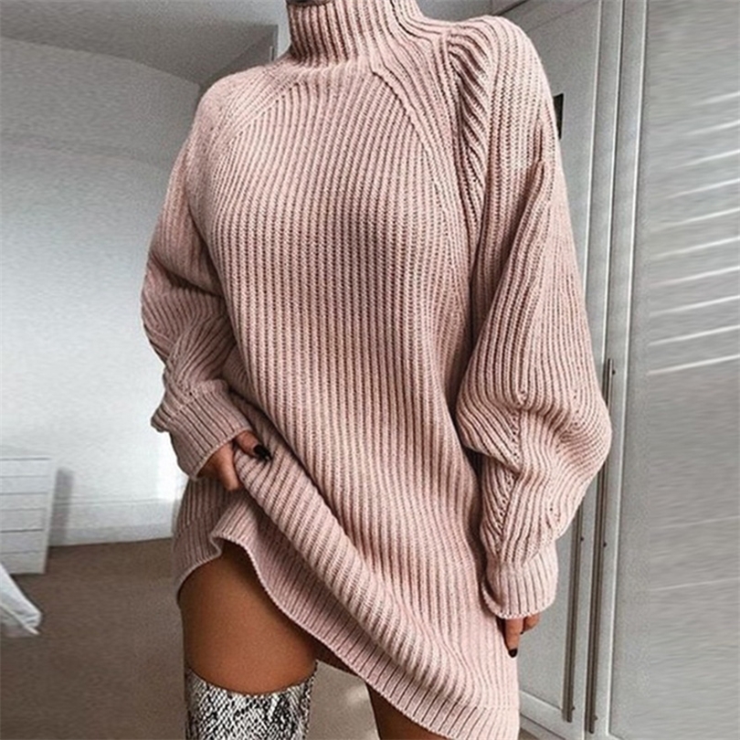 Turtleneck Long Sleeve Sweater Dress Women Autumn Winter Loose Tunic Knitted Casual Pink Gray Clothes Solid Dresses 220816