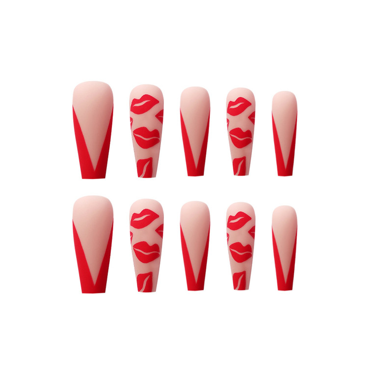 24pcs Red Lip Ballet False Nails Tips Long Full Cover Coffin French Fake Fingernails Tip for Women Girls DIY Nail Art Salon