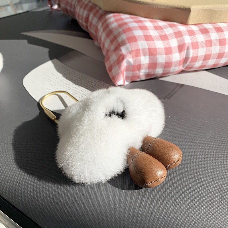 Cute Key Rings Real Rex Fur White Cloud Smile Face Bag Pendant Keychain