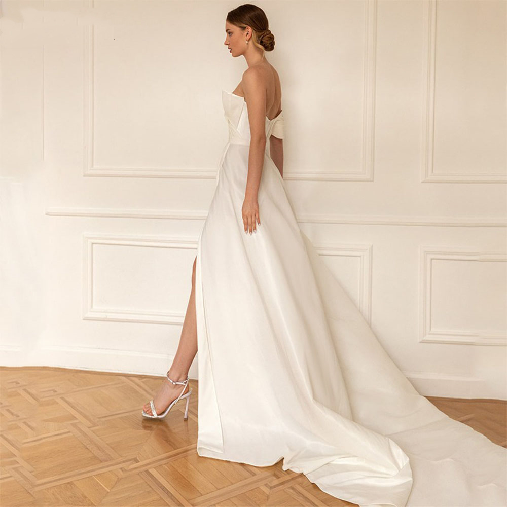 Boho Beach One Shoulder A Line Wedding Dress Pleats Simple Ivory Satin Long Bridal Gowns Sexy Side Slit Bride Wedding Dresses