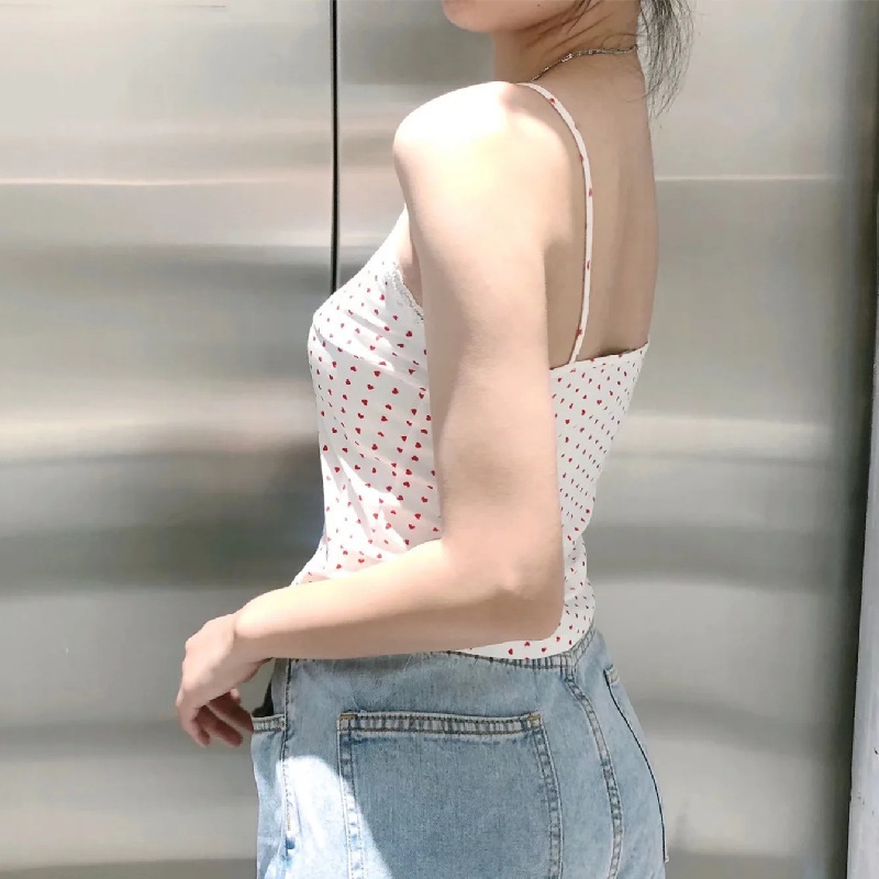 PUWD Women White Lace Tanks Spring Fashion Ladies Vintage Slim V Neck Sweet Sling Camis Girls Cute Red Love Y2K Crop Tops 220325