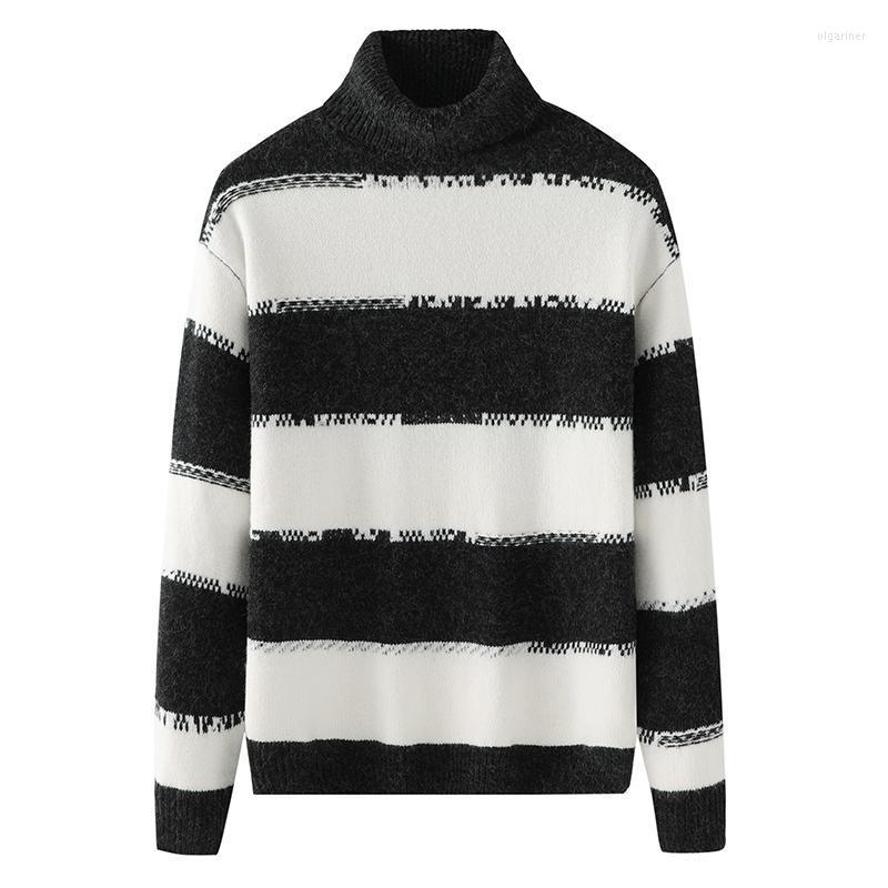 Men's Sweaters Thick Warm Sweater Men's Lapel Loose Casual Pullover Bottoming Shirt Autumn And Winter Striped PulloverMen's Olga22, Black