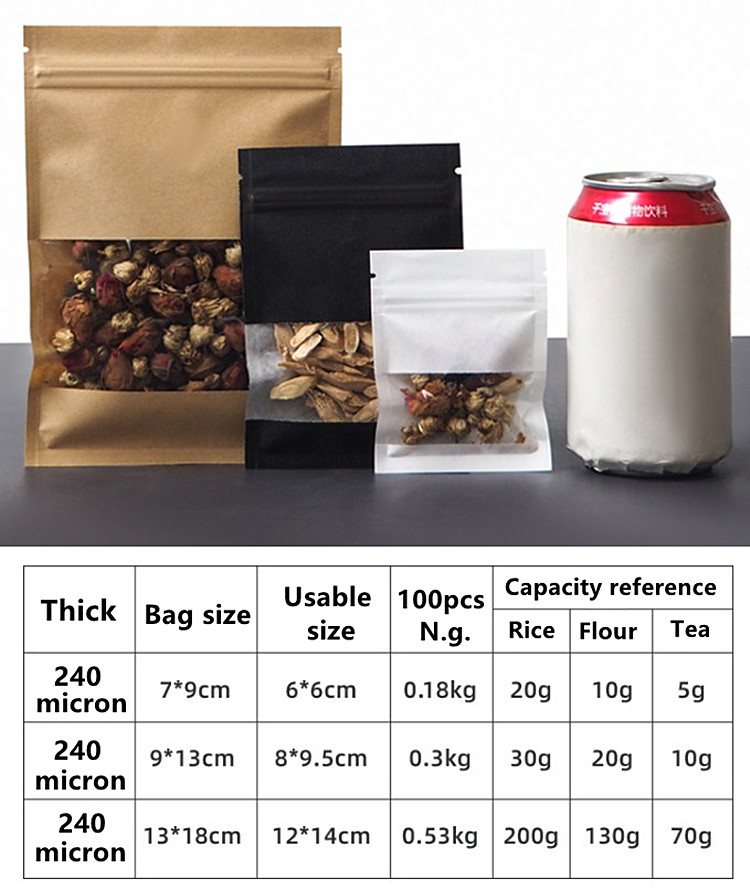 100pcs Flat Bottom Kraft Black White Paper Window Zip Lock Bag Resealable Snack Coffee Beans Powder Candy Capsule Nuts Tea Heat Sealing Packaging Pouc