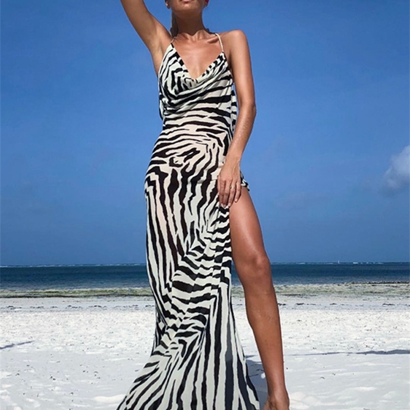 

Sexy Spaghetti Strap Side Split Beach Dress Summer Sundress Women Clothes Elegant Zebra Back Open Club Party Dresses A1144 220527, Headscarf