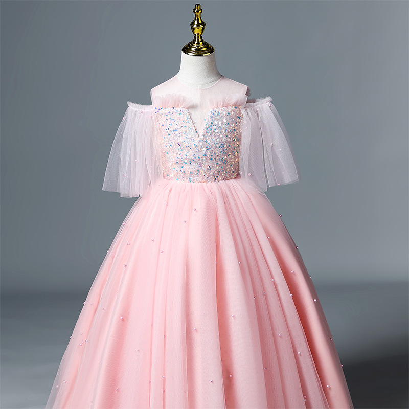 2022 blingbling Beautiful Pink Flower Dresses for Weddings sequined Pretty Formal Girls Gowns Cute Satin Puffy Tulle Pageant Dress Spring