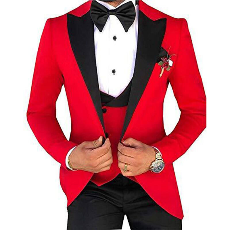 Classic White Men Suit Groom Wear Three Piece Wedding Tuxedos Black Peaked Lapel Slim Fit Mens Suits Jacket Vest Pants Prom Party Blazer