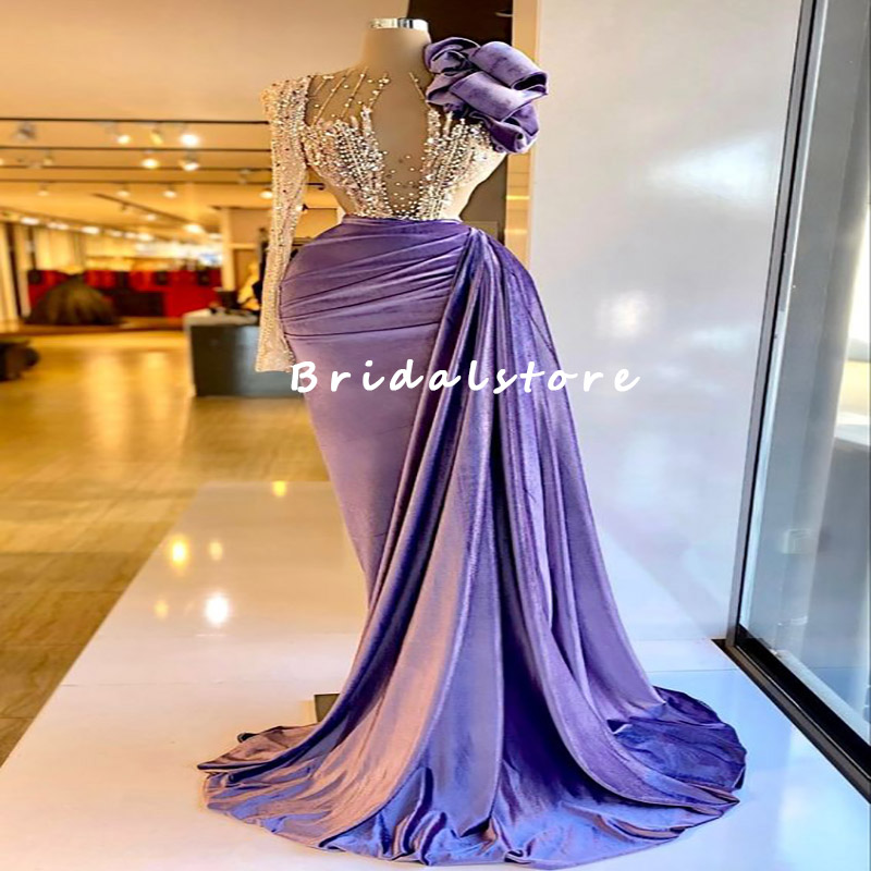 Sexy Lilac Velvet Mermaid Prom Dresses With Beaded One Shoulder Long Sleeve Dubai Arabic Evening Dress 2022 Dinner Formal Gowns Robe De Soirée Femme M