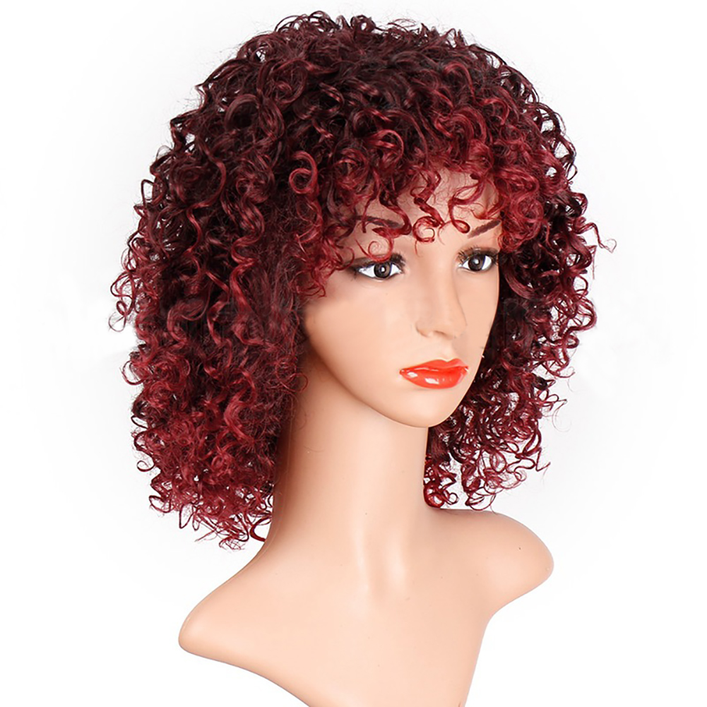 Fashion Afro Curly Blond Color Short Wave Wig for Women High Temperature Fiber wave wig Wine red /Blond black