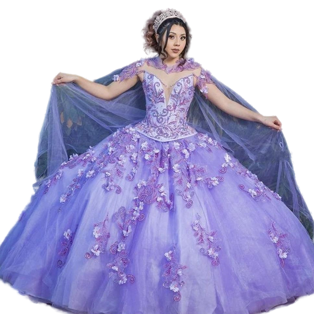 Luxury Lilac Lavender Ball Gown Quinceanera Dresses With Cape Lace Appliqued Flowers Beaded Corset Vestido De 15 Anos Floor Length Princess Sweet 16 D