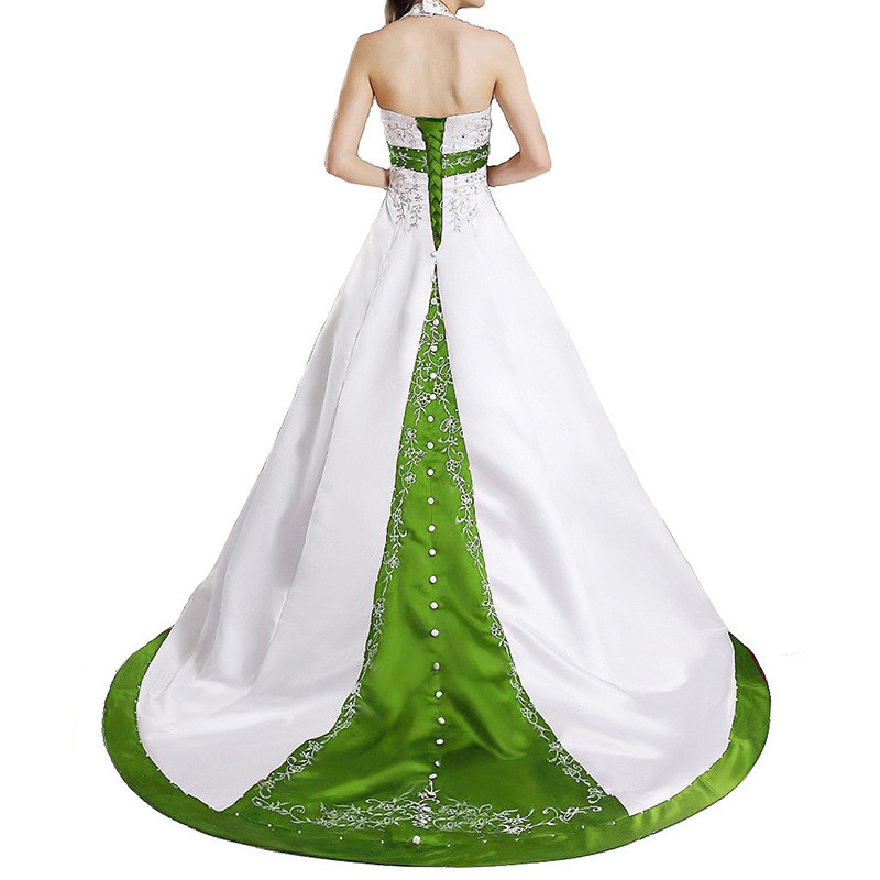 Court Train Ivory and Royal Blue Wedding Dresses 2022 gothic Halter embroidery Lace Up corset country Closure Bridal Gowns