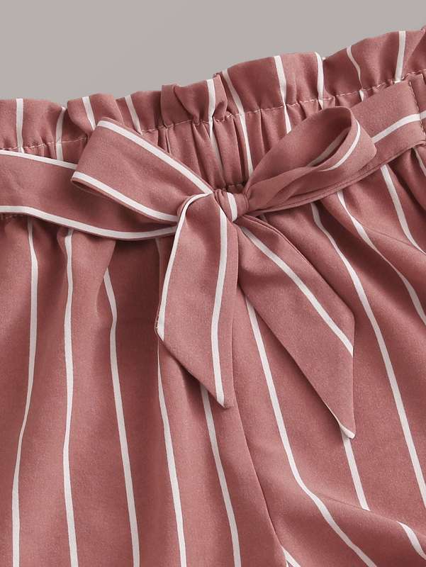 Girls Tie Hem Tank Top & Paperbag Waist Knot Detail Striped Shorts Set SHE