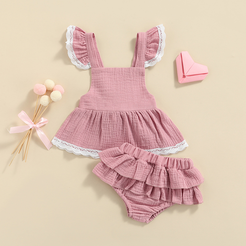 Sumemr born Baby Girl Clothes Set 2pcs Solid Lace Ruffles Sleeve Backless Tops DressLayered Tutu Shorts Cotton Linen Outfits 220607
